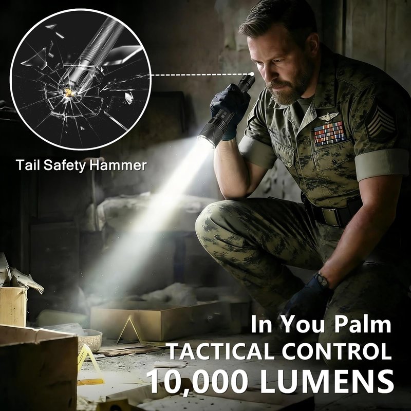 AKISONG X928 70W XHP360 LED Rechargeable Tactical Flashlight 10,000 High Lumen, 2,000ft Long Range Beam Zoomable Waterproof Flashlight with Safety Hammer & USB Output for Camping Hunting Patrol Search