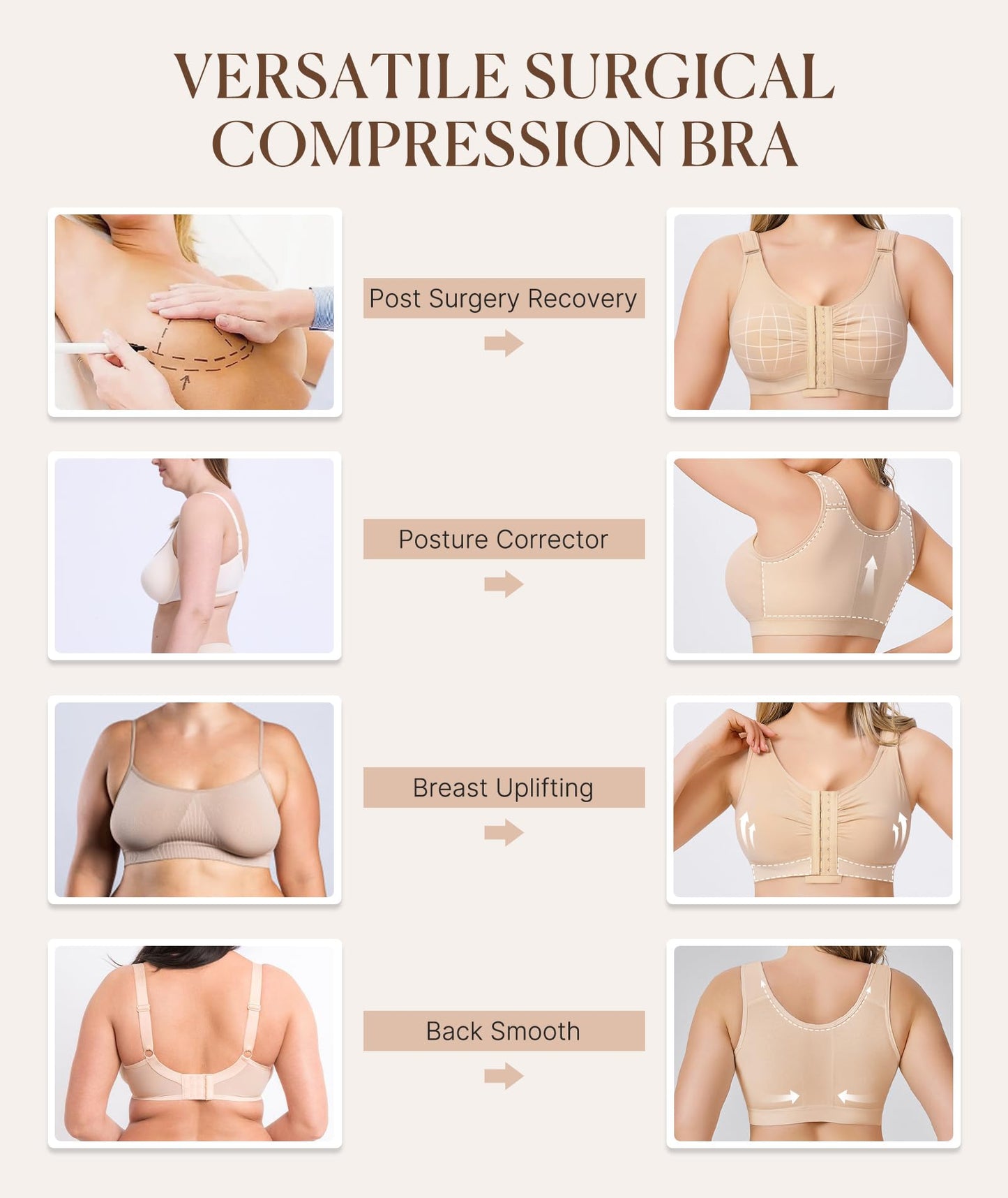 BRABIC Post Surgery Front Closure Bras for Women Full Coverage Compression Mastectomy Wireless Bra with Adjustable Straps, Beige, Medium