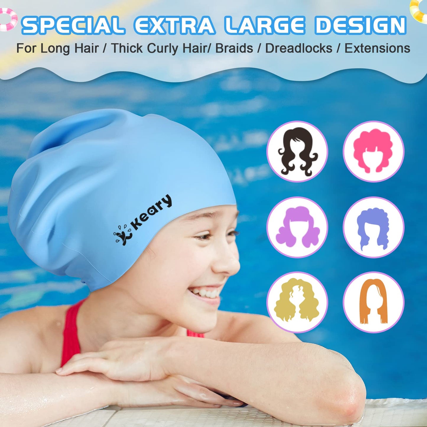 Keary Kids Swim Cap for Girls Boys Youth Junior Teens Kids 6-14 Large Swimming Caps for Long Hair Braids and Dreadlocks Waterproof Silicone Cover Ear Bathing Pool Shower Swimming Cap to Keep Hair Dry