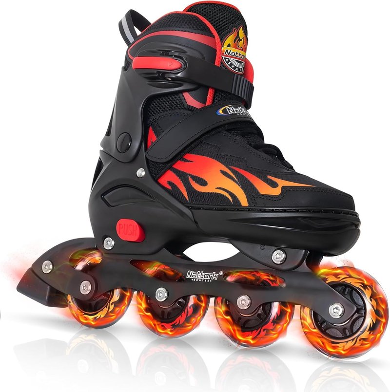 Nattork Adjustable Inline Skates for Kids and Teens, Nezha Inferno Skates Indoor and Outdoor Blades Roller with 8 Light Up Wheels for Boys Girls Youth Aged 6-16, Adult Beginners Flame Style 11 12 13