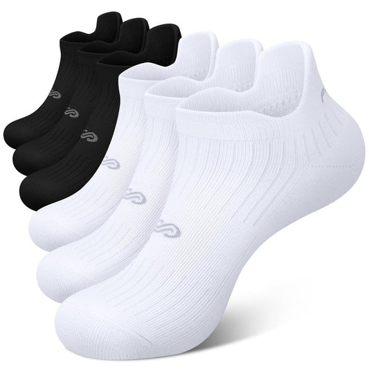 PAPLUS 6 Pairs Running Socks Men and Women - Cushioned Moisture Wicking Anti-Blister Mens Ankle Socks (black+white)