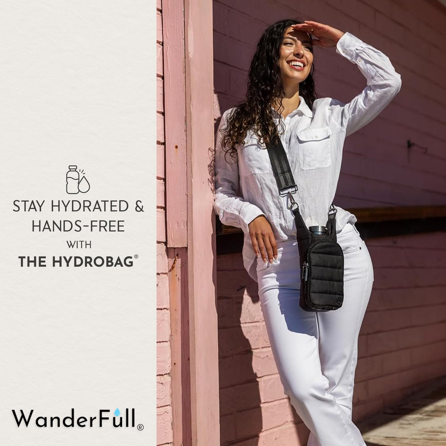 WanderFull® Original HydroBag®, Fits Up to 32 oz Water Bottle Holder with Strap, Hands-Free Crossbody, Water Bottle Carrier Bag with Phone Pocket - Black Matte, Mother’s Day Gift