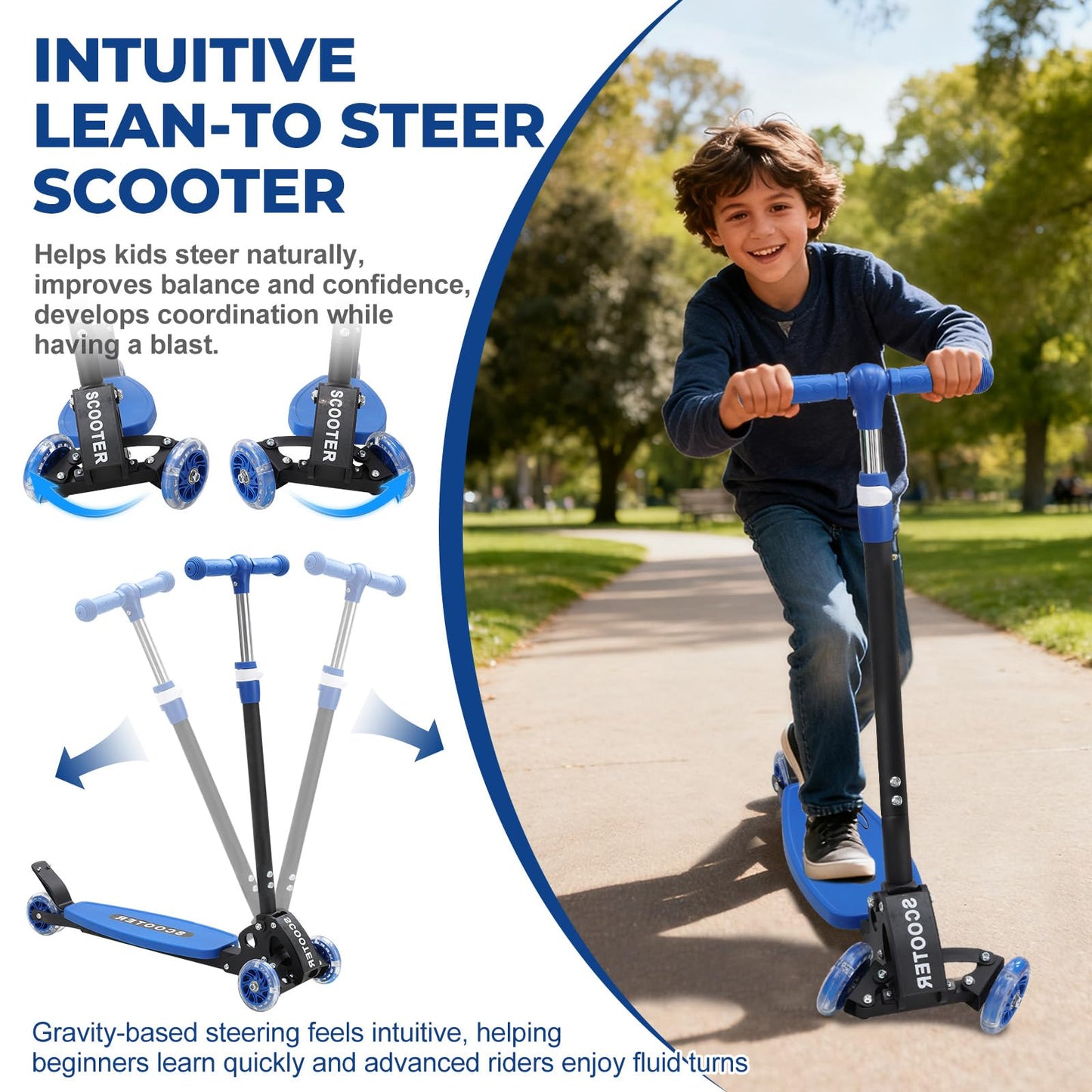 3 Wheel Scooter for Kids Ages 6-12, LED Light-Up Kids Kick Scooter–Portable Foldable, Adjustable Height, Durable Metal Construction, 6" Extra Wide Deck for Outdoor Activities,Child Safety Certified