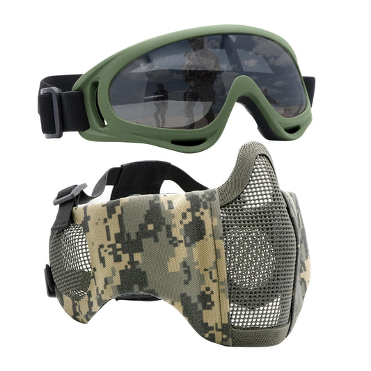 Yzpacc Airsoft Mask with Goggles, Foldable Half Face Airsoft Mesh Mask with Ear Protection for Paintball Shooting Cosplay CS Game