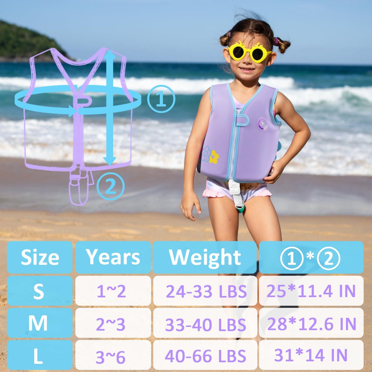 Pottwal Swim Vest for Kids - Swim Jacket for 1-2 Years (24-33LBS) - Puddle Jumper with Adjustable Crotch Strap - Made of Neoprene & EPE - Purple