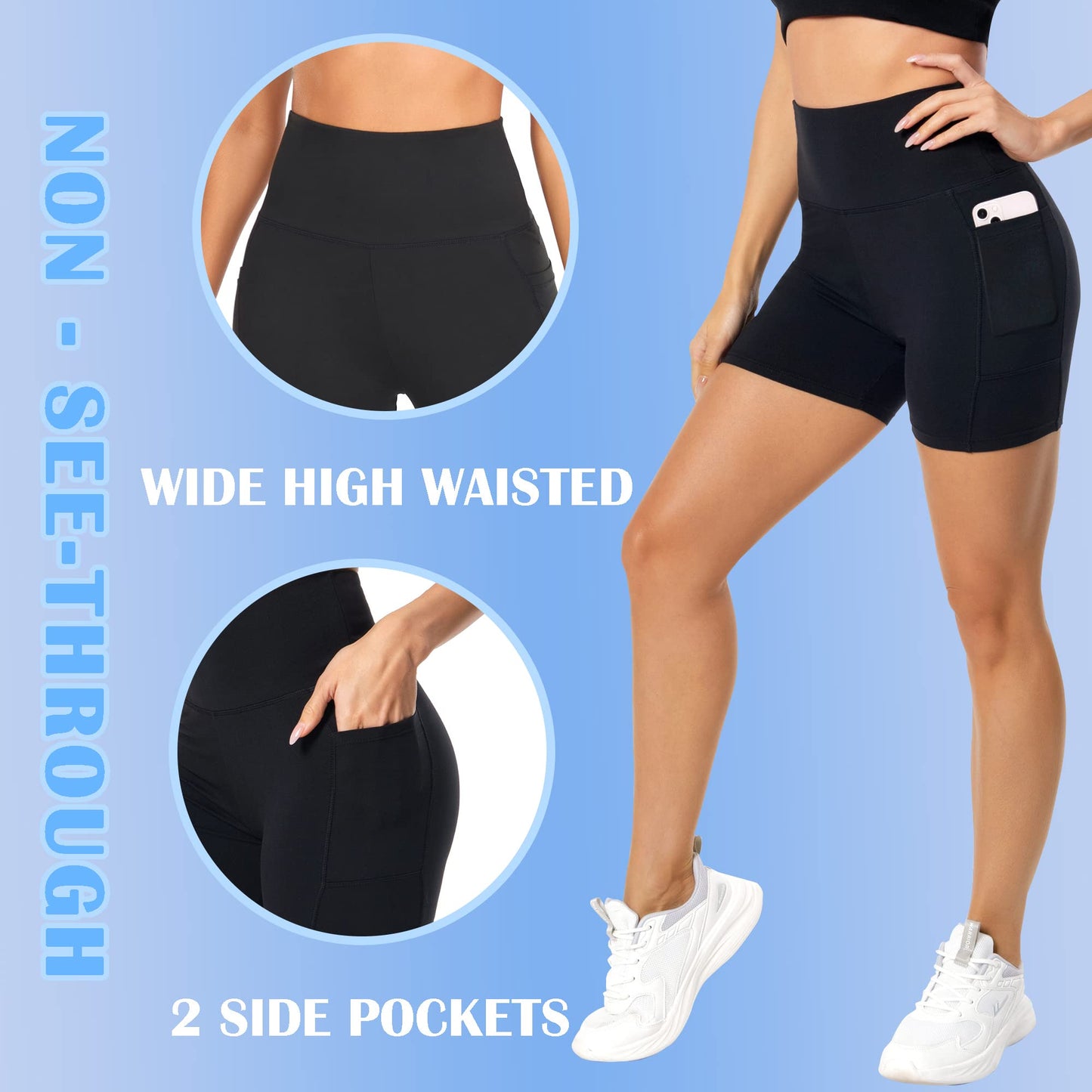 FULLSOFT High Waisted Biker Shorts for Women with Pockets-5" Tummy Control Fitness Athletic Workout Running Yoga Gym Shorts(Black(with Pockets),Small-Medium)