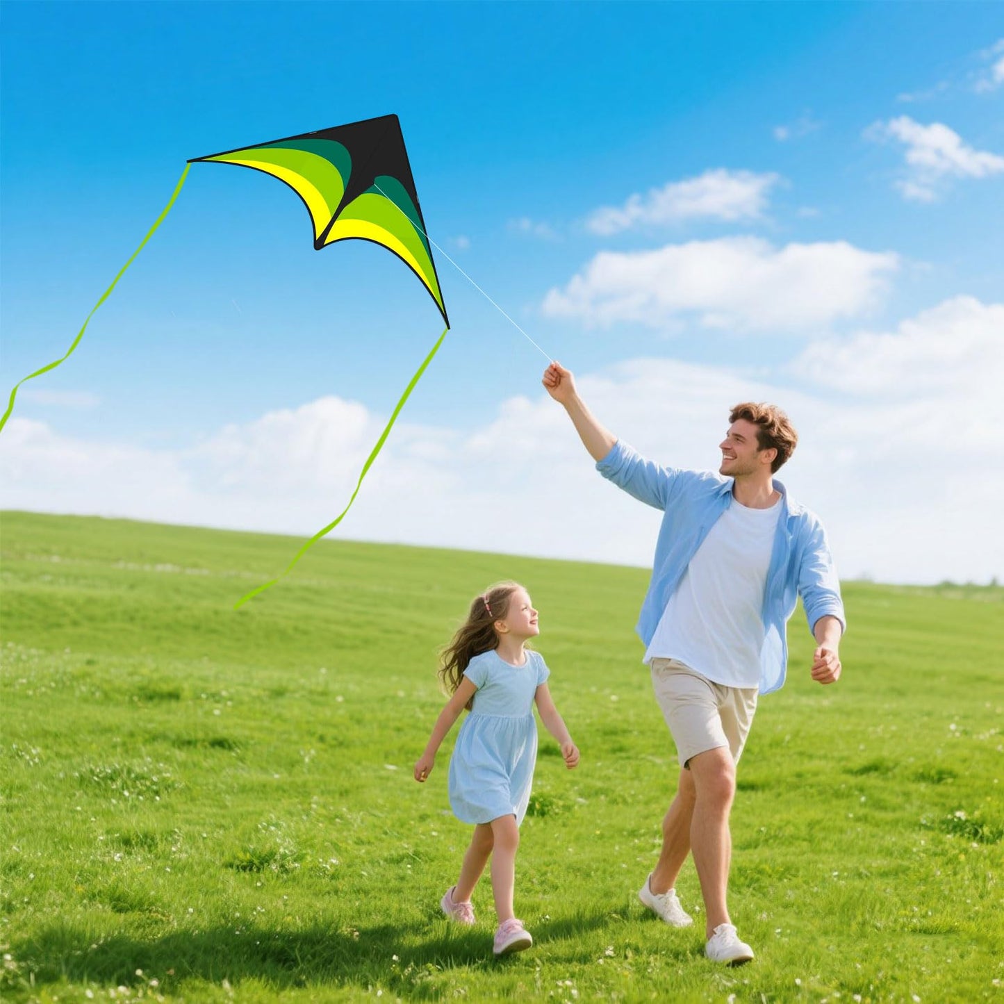 Mint's Colorful Life 3 Pack Delta Kites for Kids & Adults, Easy to Fly Large Kite Set for Beginners, Perfect Family Kites for Park and Beach Trip with 300ft String Included (Green&Yellow&Rainbow)