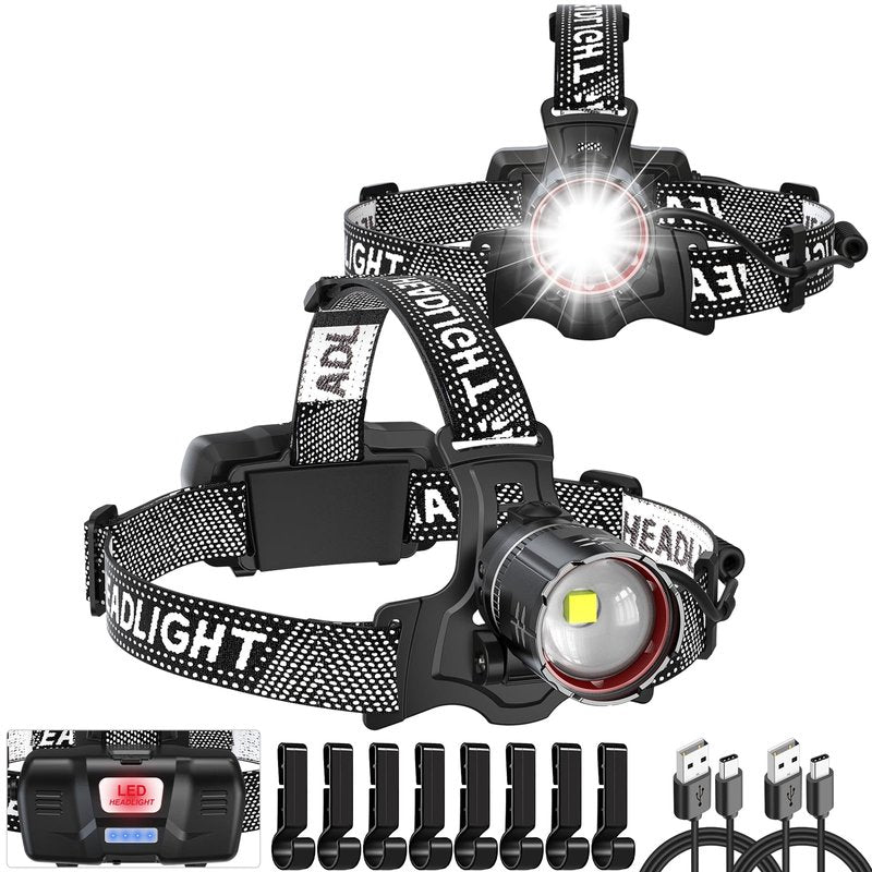 Headlamp Rechargeable Super Bright, 2 Pack High Lumen LED Head Lamp with Motion Sensor, 5 Modes Zoomable Head Light for Forehead, 90° Adjustable, Waterproof Headlamps for Adults Hard Hat Light Camping