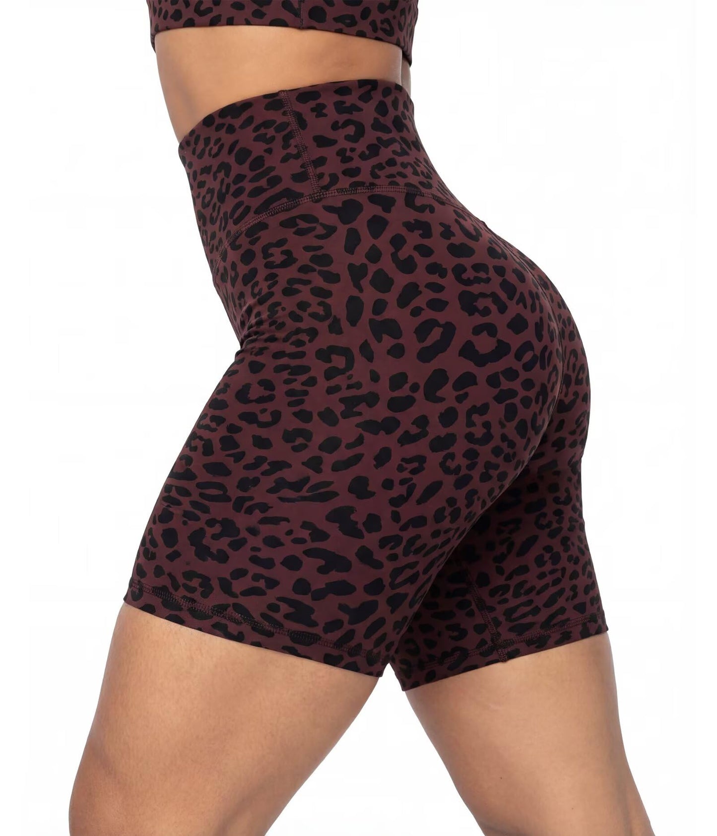 Sunzel 8" Waist Biker Shorts for Women No Front Seam Soft Yoga Workout Gym Bike Shorts Tummy Control Squat Proof Leopard Chocolate Brown Medium