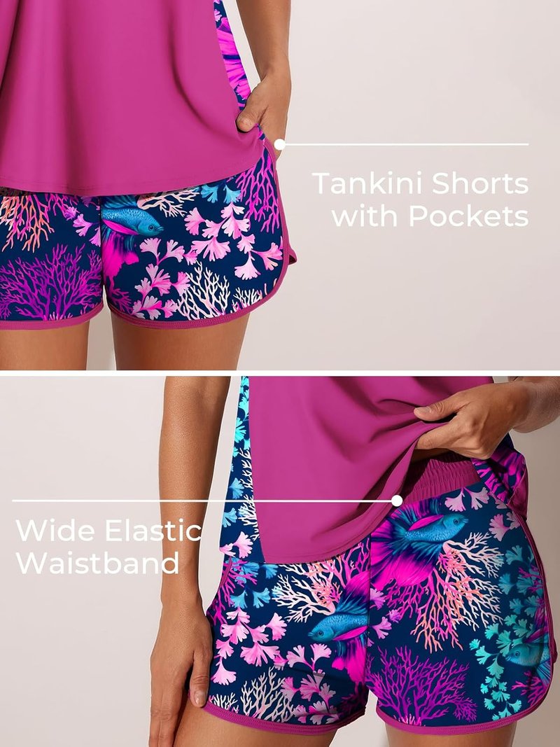 Blouson Tankini Swimsuits for Women - Tummy Control Two-Piece with Sporty Pockets | Summer Mae Swim Shorts