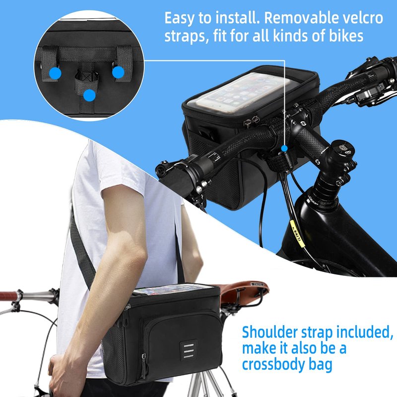 dujp Insulated Bike Handlebar Bag, Waterproof Bicycle Front Basket Cooler Pouch with Phone Holder Touch Screen, Cycling Storage Bag with Shoulder Strap for Outdoor Travel