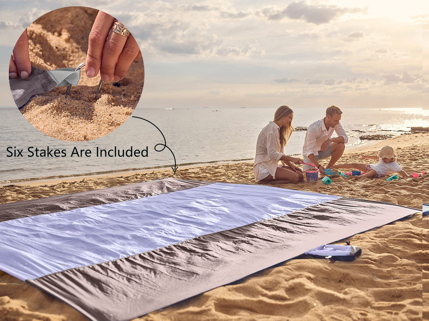 WEKAPO Beach Blanket Sandproof, Extra Large Beach Mat, Big & Compact Sand Free Mat Quick Drying, Lightweight & Durable with 6 Stakes & 4 Corner Pockets (Purple, 7x7 FT (1～3 person))