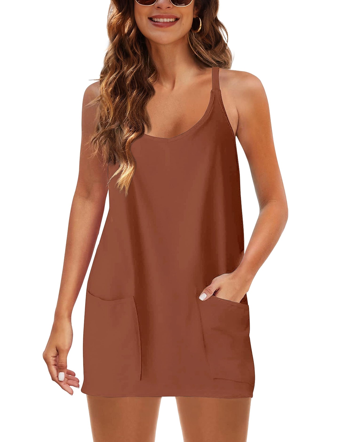 Lentta Womens Athletic Sleeveless Mini Dress with Built-in Shorts V Neck Spaghetti Strap Sundress(Rust-XL)