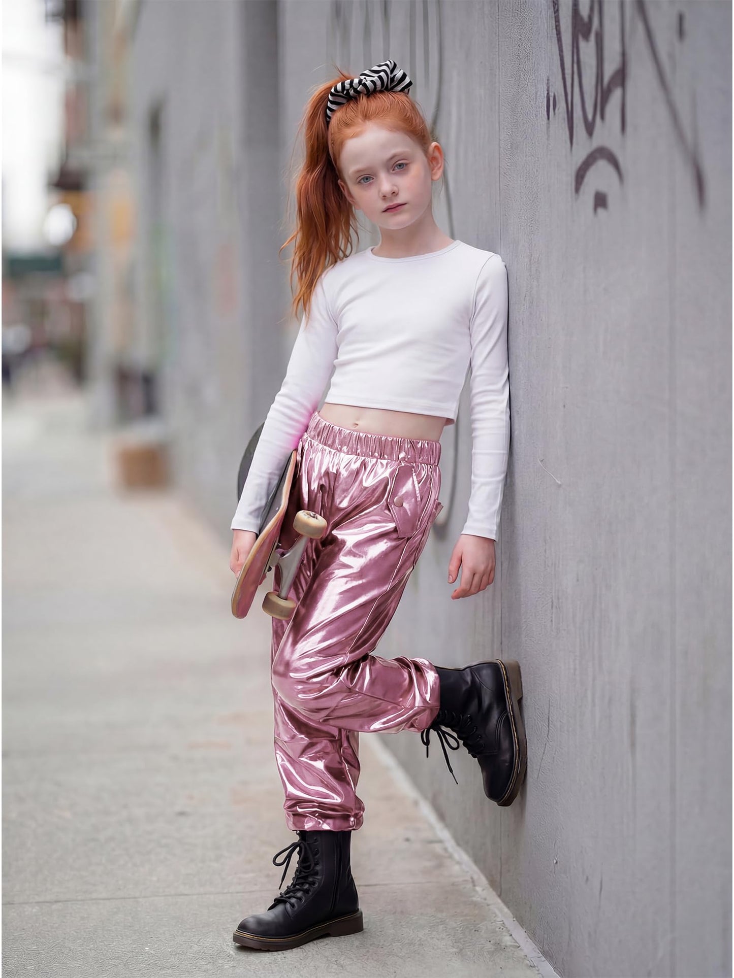 Stelle Girls Metallic Hip Hop Pants Shiny Cargo Joggers Pant