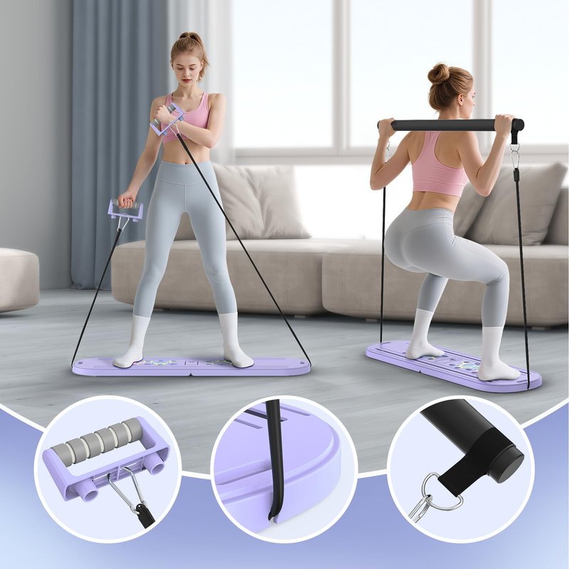 Lazolloa 7 in 1 Pilates Board, Portable Home Gym Equipment, Foldable Pilates Reformer Set with Timer, Mini Pilates Machine for Home Workout, Fitness, Exercise, Ab, Core, Purple
