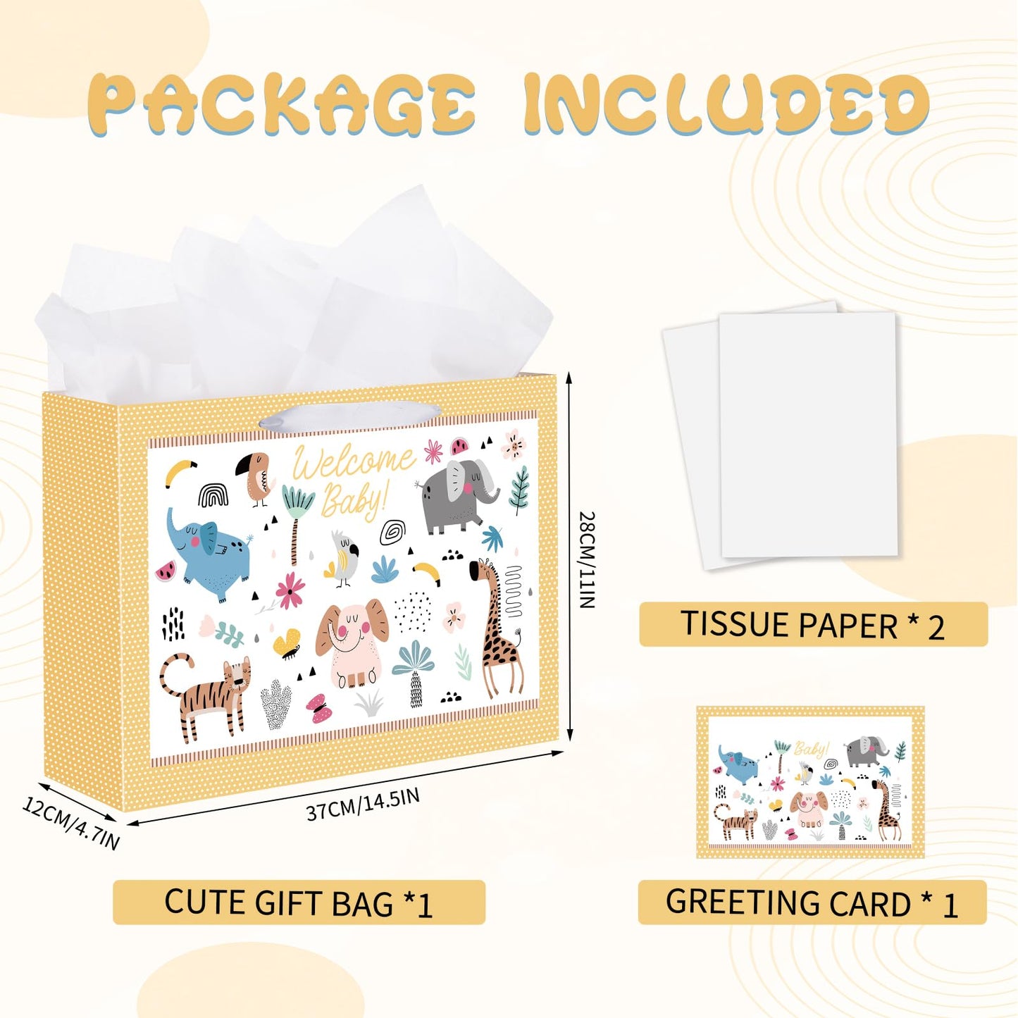 woric 14.5" Baby Gift Bag for Baby Shower with Tissue Paper and Greeting Cards for Boys Girls Birthday Party(Cute Animals)