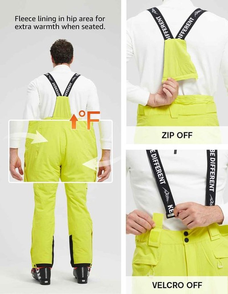 fit space Men's Ski Snow Pants Waterproof 15,000mm Removable Stretch Suspenders Insulated Winter Alpine Pants (Lemon,Large)