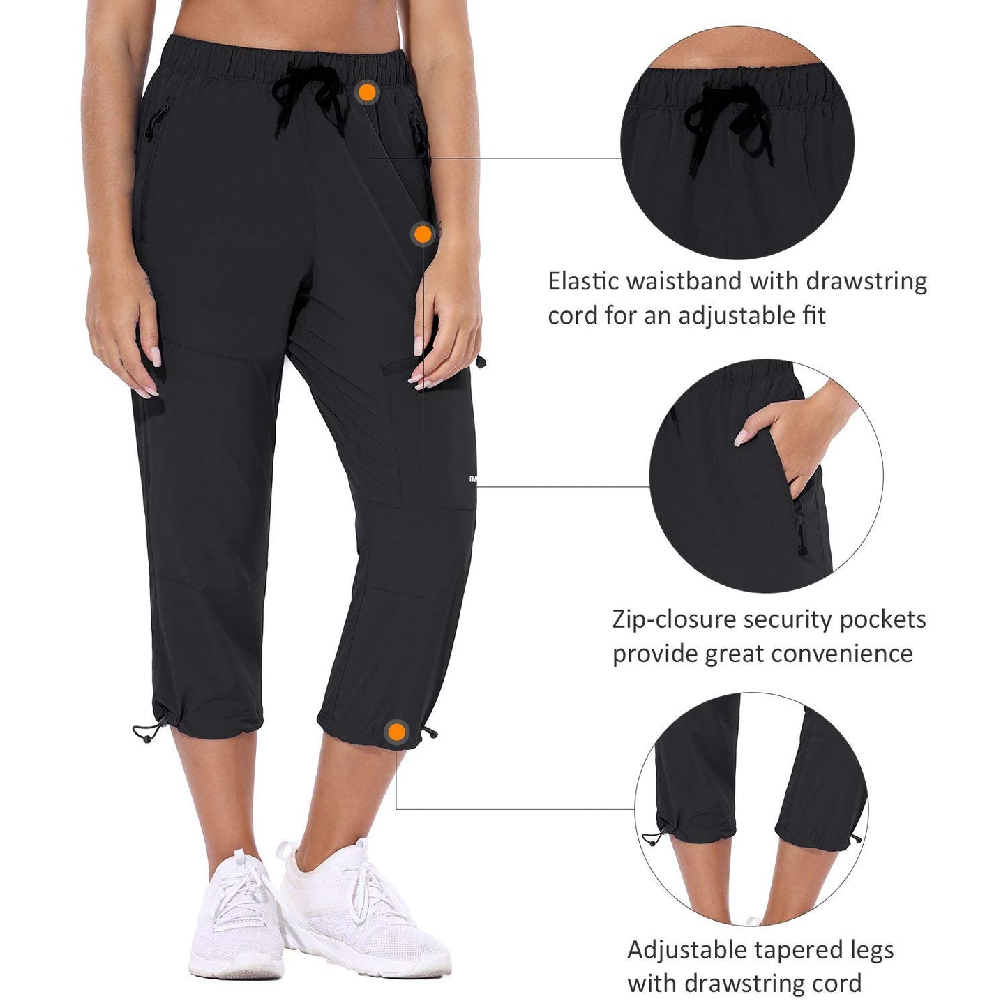 baleaf Women's Hiking Cargo Capris Outdoor Lightweight Water Resistant Pants UPF 50 Zipper Pockets Black Size L