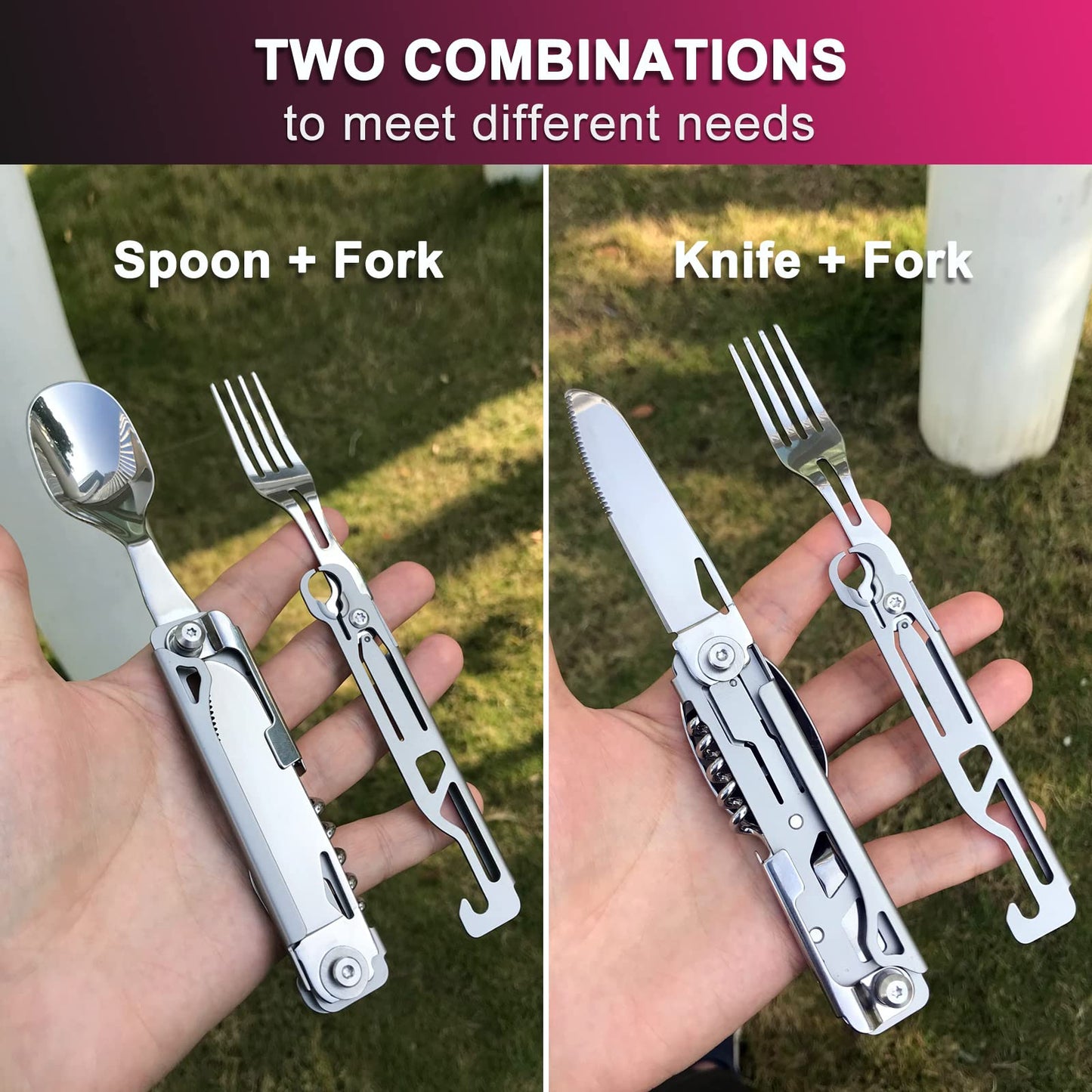 Joycube 6-in-1 Detachable Camping Utensils Flatware Set - Multi-Function Travel Pocket Cutlery Folding Spoon, Fork, Knife, Wine Bottle Opener Can Opener Portable Combo Set (Stainless Steel)