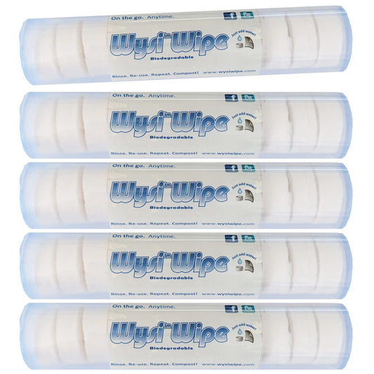 WYSI Multi-Purpose 9x9” Expandable Wipes With Travel Tubes - Just Add Water - Pack of 5 Tubes (60 Tabs Total) - Multipurpose All Natural Reusable Wipes & Towelletts - Hypoallergenic - Compostable