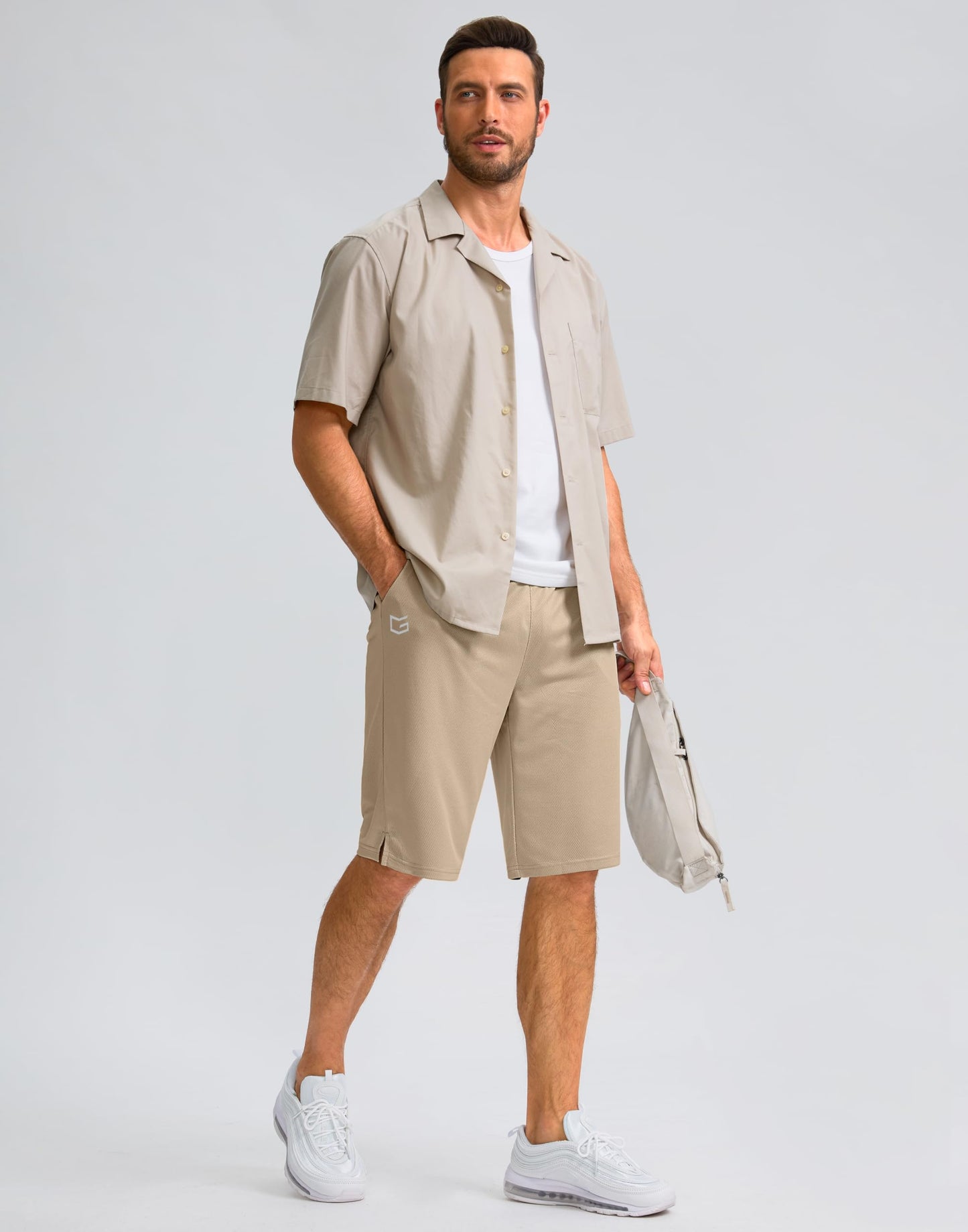 G Gradual Men's Athletic Shorts with Pockets 9" / 11" Long Basketball Shorts Lightweight Quick Dry Gym Workout Shorts for Men(Light Khaki,XL)