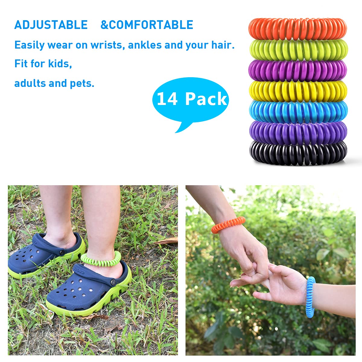 14 Pack Mosquito Bracelets for Kids Adult - Nature Citronella, Lemongrass and Eucalyptus, Up to 350 Hour of Protection