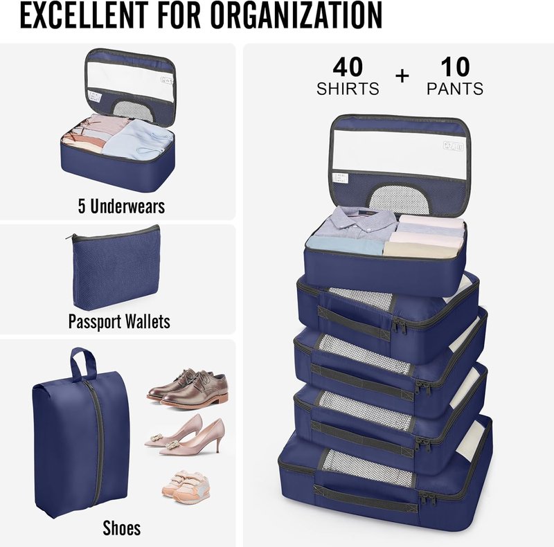 Veken Packing Cubes for Travel | 10-Piece Suitcase Organizer Set with Laundry & Shoe Bag - 4 Sizes for Airplane & Road Trip