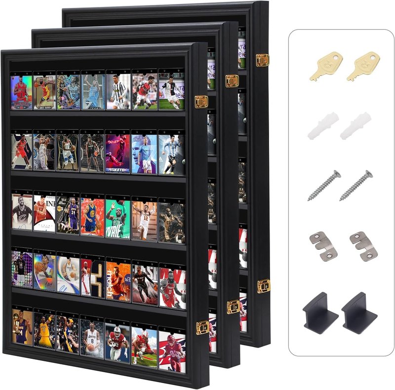 Baseball Card Display Case - Graded Sports Card Holder with 98% UV Protection | Lockable Vertical 3-Pack for 35 Cards