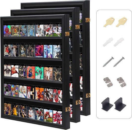 Baseball Card Display Case - Graded Sports Card Holder with 98% UV Protection | Lockable Vertical 3-Pack for 35 Cards