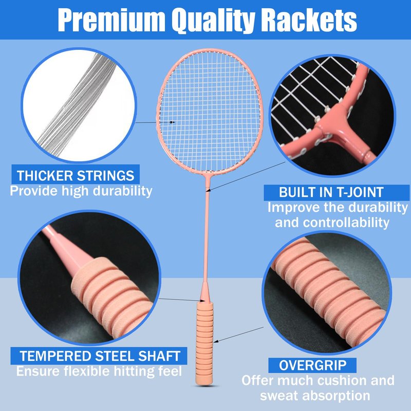 Magicorange Badminton Rackets Set of 5 for Outdoor Backyard Games, Including 4 Racquets,4 Shuttlecocks, 4 Replacement Grip Tapes,1 Badminton net & 1 Carry Bag (Pink + Purple)