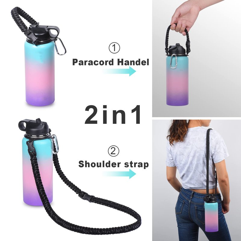 iLVANYA Paracord Handle with Shoulder Strap for Hydro Flask, Paracord Strap Carrier for 12oz to 64oz Bottle, Bottle Accessories with Safety Ring Carabiner (Black and White Dot)