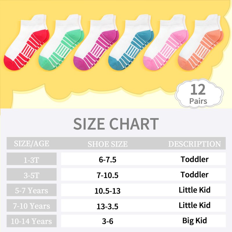 SPTRAMLE 12 Pairs Girls Socks, Athletic Socks for Girls Ankle Sock Cotton Running Sock with Tab for Kids 5-7 Years