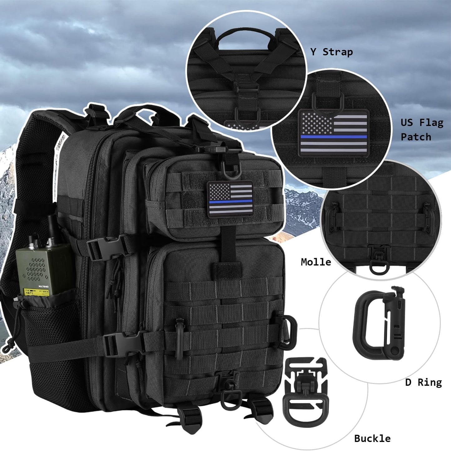 Hannibal Tactical 30L MOLLE Assault Pack - Military Backpack for Camping & Hiking | Black