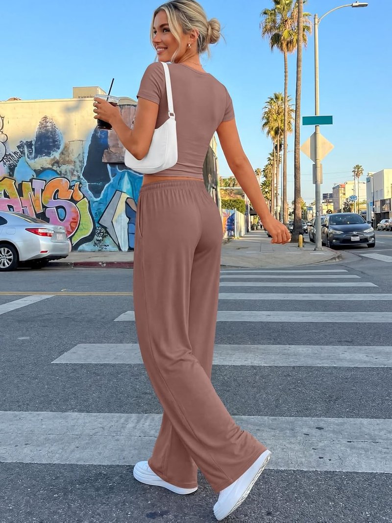Trendy Queen | Women's Summer Lounge Set - Side Ruching Top & Wide Leg Pants with Pockets