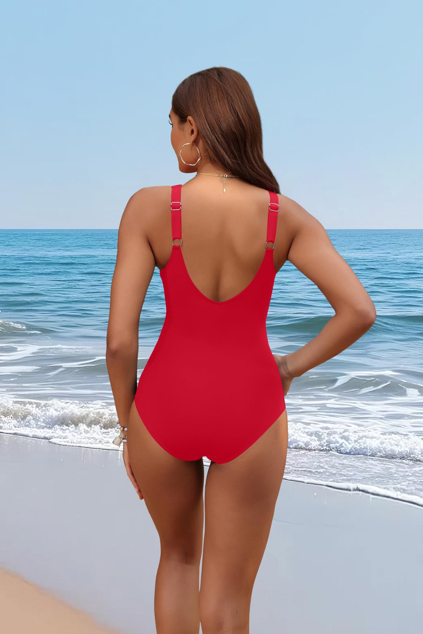 Red Tummy Control One Piece Swimsuit Full Coverage Bathing Suit M