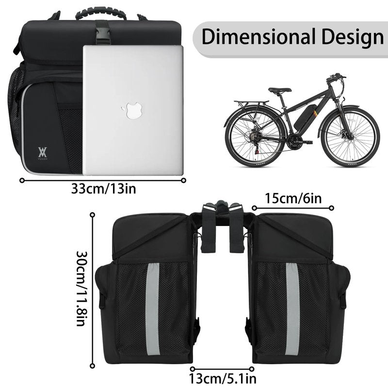 Waterproof Double Panniers Bag - 36L Saddle Bags for Rear Rack Bicycles with Safety Reflective Strips, Bicycle Commuting Pannier Fit Most Bicycle Rack with Rain Cover (With Rain Cover, Black, 36L)