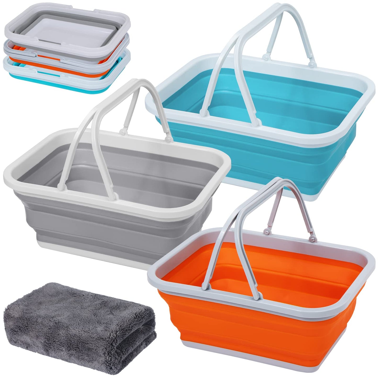 AUTODECO 3 Pack Collapsible Sink with Handle Towel, 2.37 Gal / 9L Foldable Wash Basin for Washing Dishes, Camping, Hiking and Home Orange&Gray&Blue