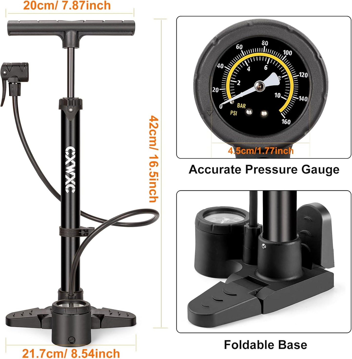 Bike Pump with Pressure Gauge - 160 PSI Portable Air Pump for Presta & Schrader Valves | Compact Design