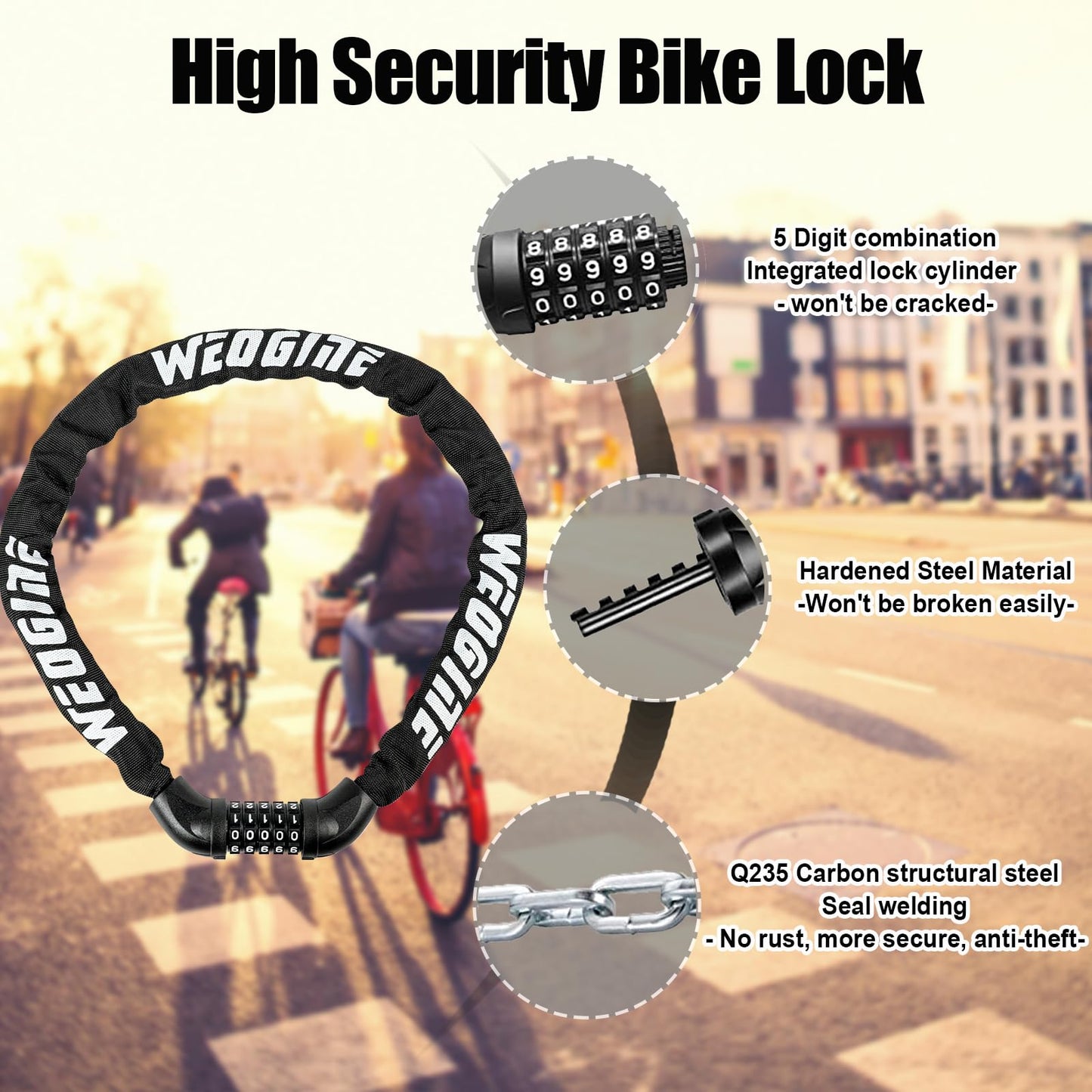 Bike Lock with Numbers and high Security Level, Bike Chain Lock, Bicycle Locks, 5 Digit Combination Lock for Bike, Bicycle, Scooter, Motorcycle, Door, Gate, Fence