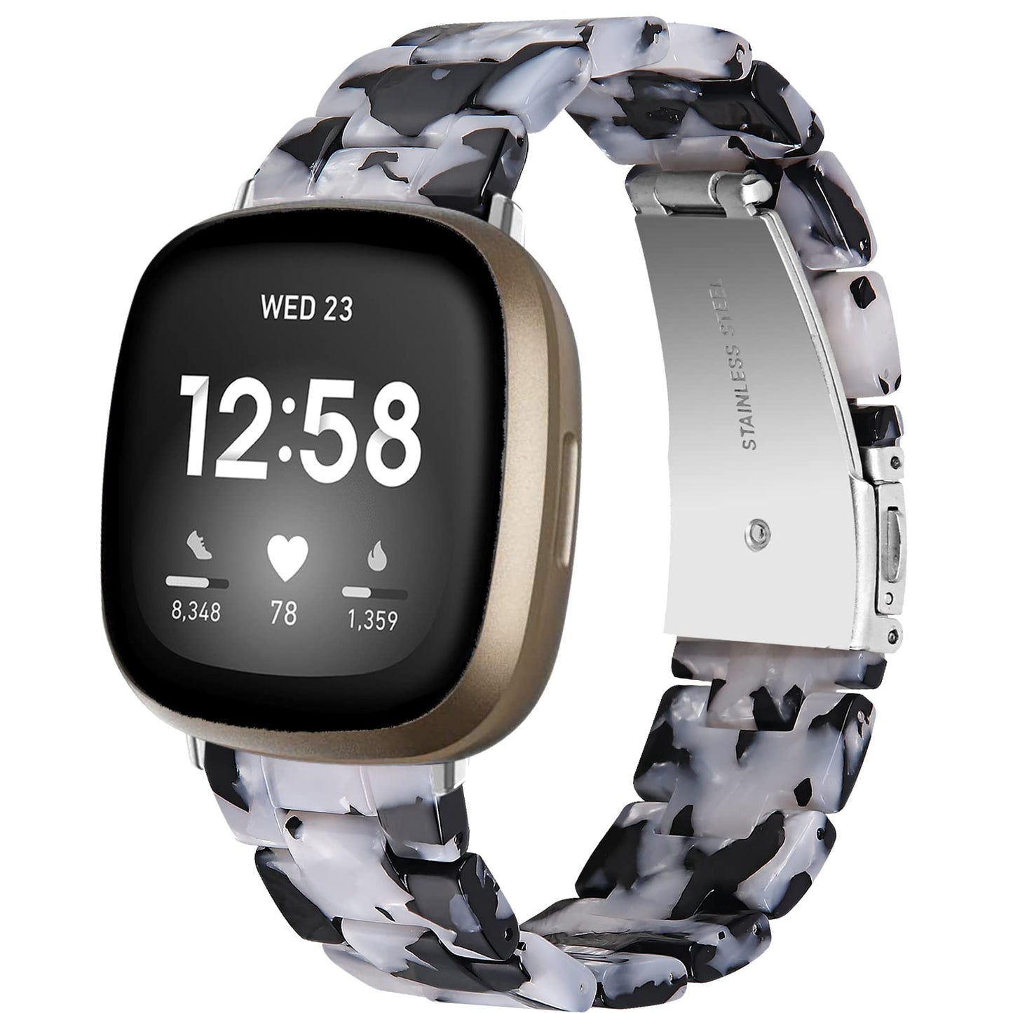 Miimall Compatible for Fitbit Versa Sense Strap, Versa 3 Resin Band Stylish with Stainless Steel Clasp Replacement Bands Straps for Fitbit Versa Sense Versa 3 Trackers(Black&White)