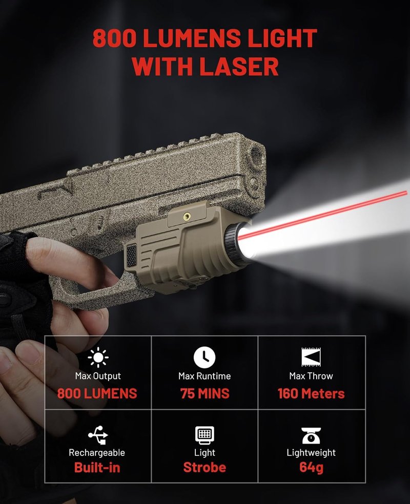 EZshoot Pistol Light Laser Combo - 800 Lumens Rechargeable Flashlight with Red Laser Beam | Desert Tan, Compatible with Glock & Picatinny Rail