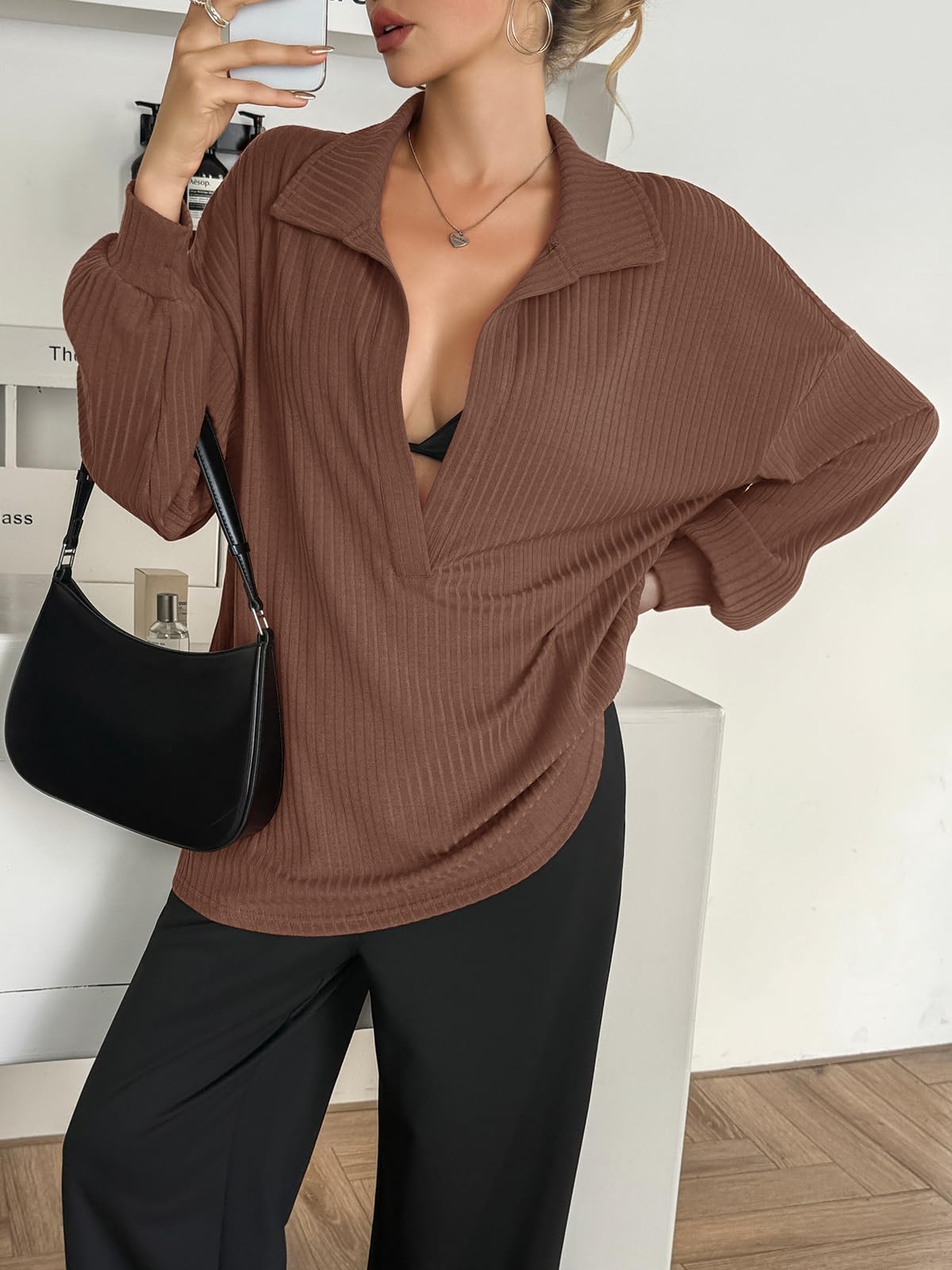 Fisoew Womens Oversized Deep V Neck Sweatshirts Casual Collared Long Sleeve Ribbed Knit Pullover Tops Brown