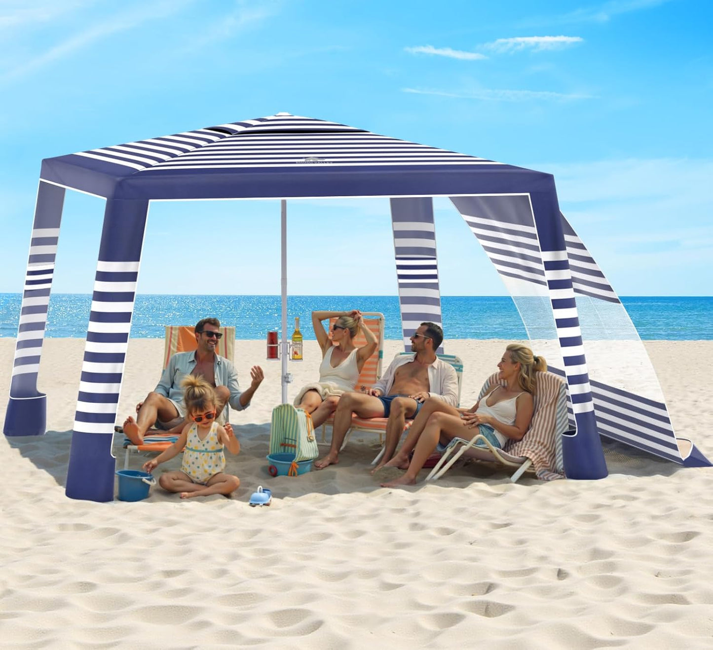 Beach Cabana Tent - 8x8FT UPF50+ Sun Protection | Easy Setup, Wind Resistant, Compact Blue Stripes