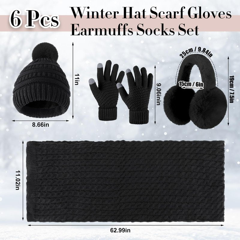 Suhine 8 Pcs Winter Hat Scarf Gloves Earmuff Set Knit Beanie Pompom Hat Warm Touch Screen Gloves for Women Men Adult(Black,White,Chic Style)