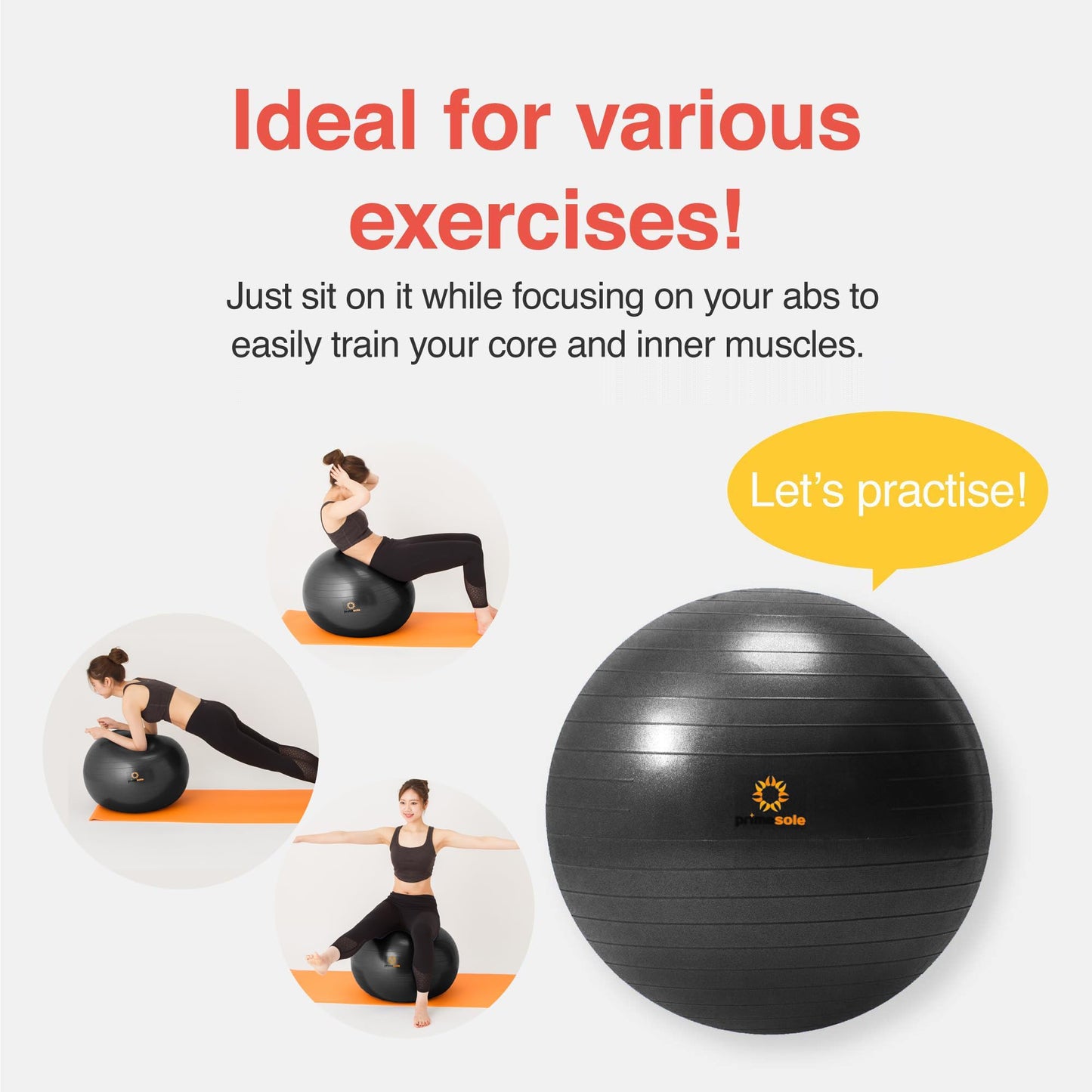 PRIMASOLE Exercise Ball for Balance Stability Fitness Workout Yoga Pilates at Home Office & Gym 75cm Black, 29.5 inch & 75 cm