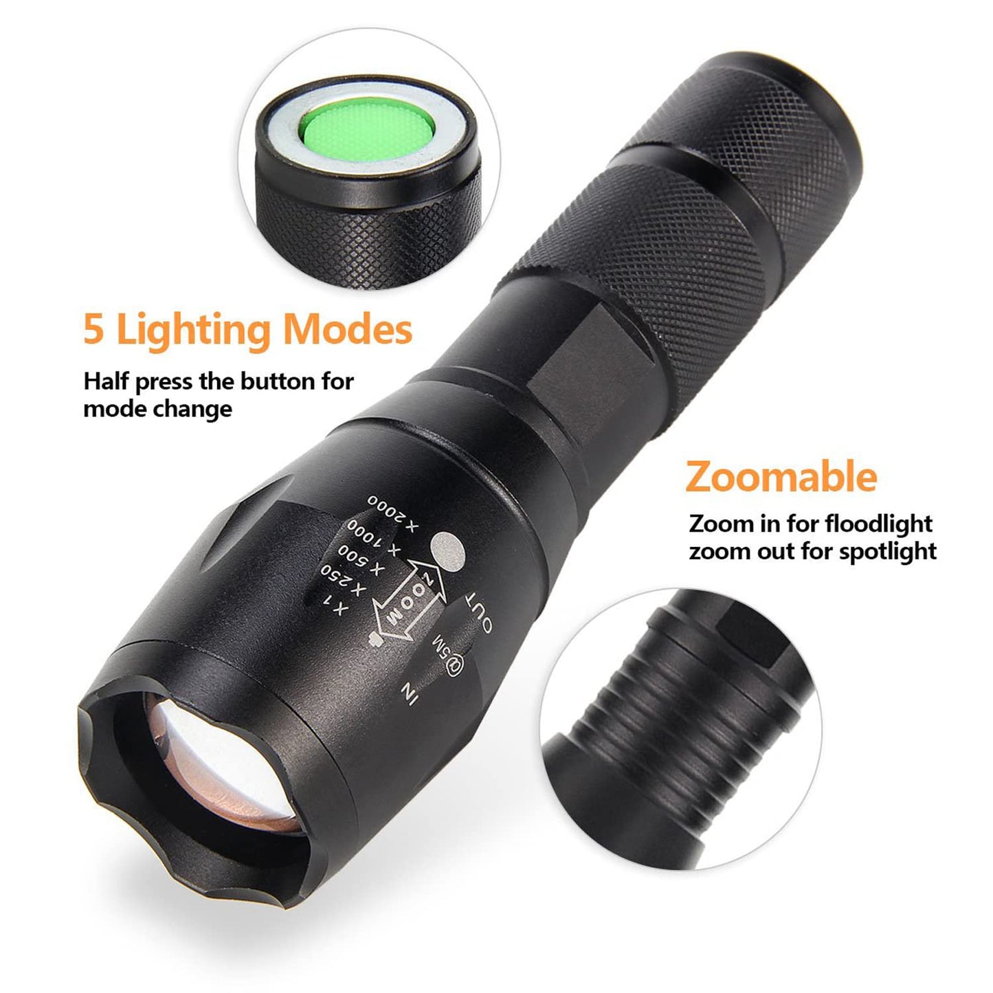 ULTRAFIRE A100 Tactical LED Flashlight Mini,800 Lumen Hunting Handheld Flashlight Focusable 3 Colors Exchange Glass Lens (Generate RED or Green Light)