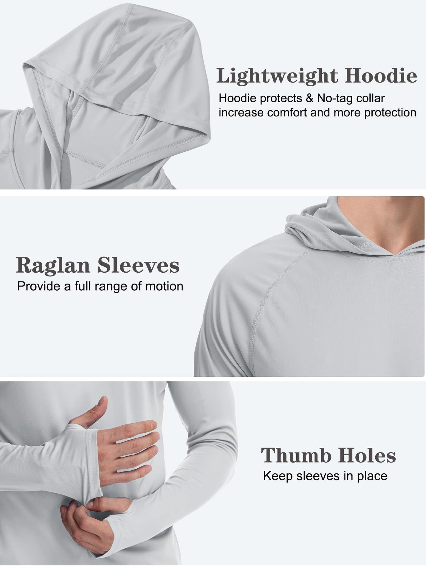 PLUMZJOY Men's UPF 50+ Sun Protection Long Sleeve Hoodie Shirt Outdoor UV Fishing Shirts for Workout, Running, Fishing, Hiking Light Grey L