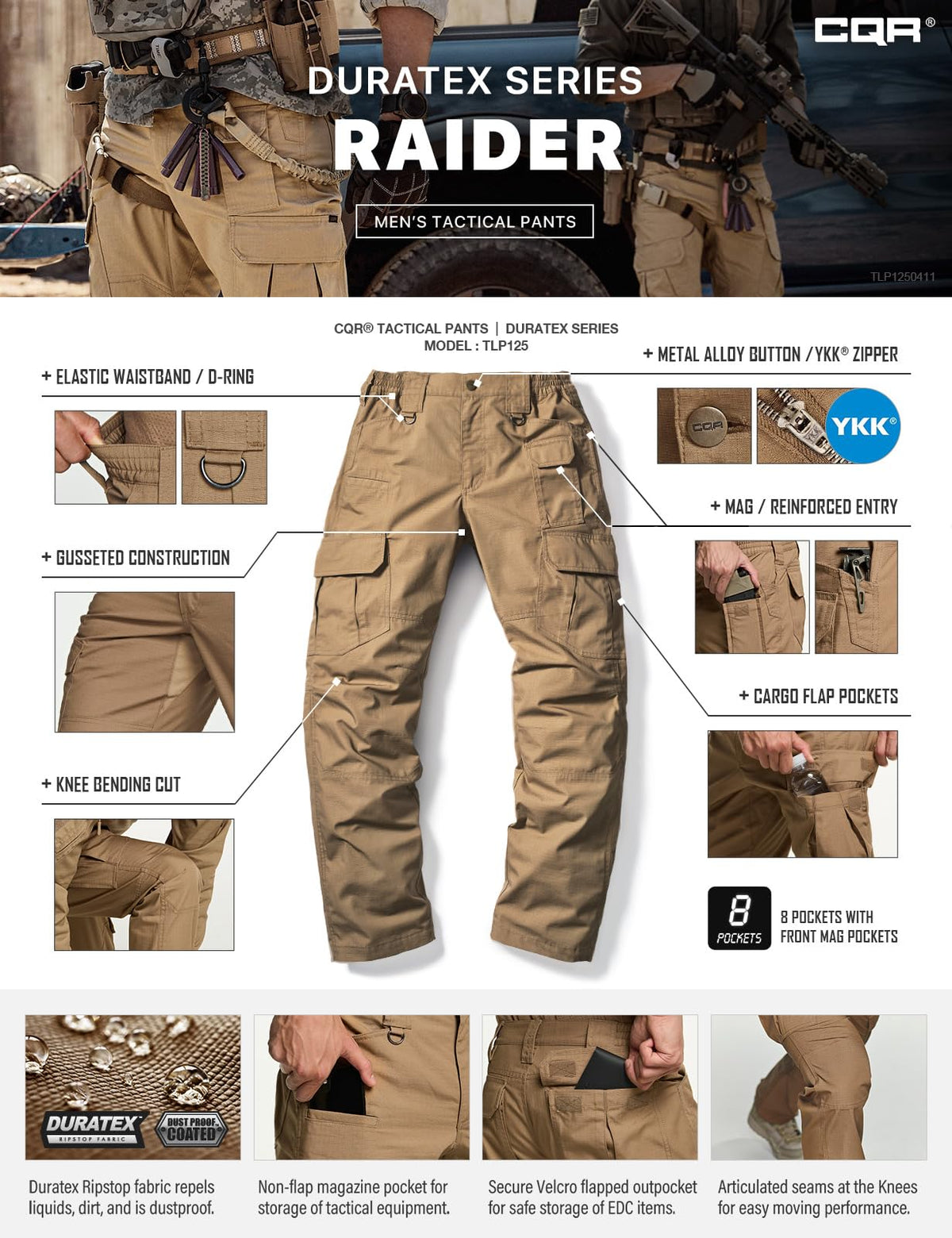 CQR Men's Tactical Pants, Water Resistant Ripstop Cargo Pants, Lightweight EDC Work Hiking Pants, Outdoor Apparel, Raider Mag Cougar, 40W x 30L