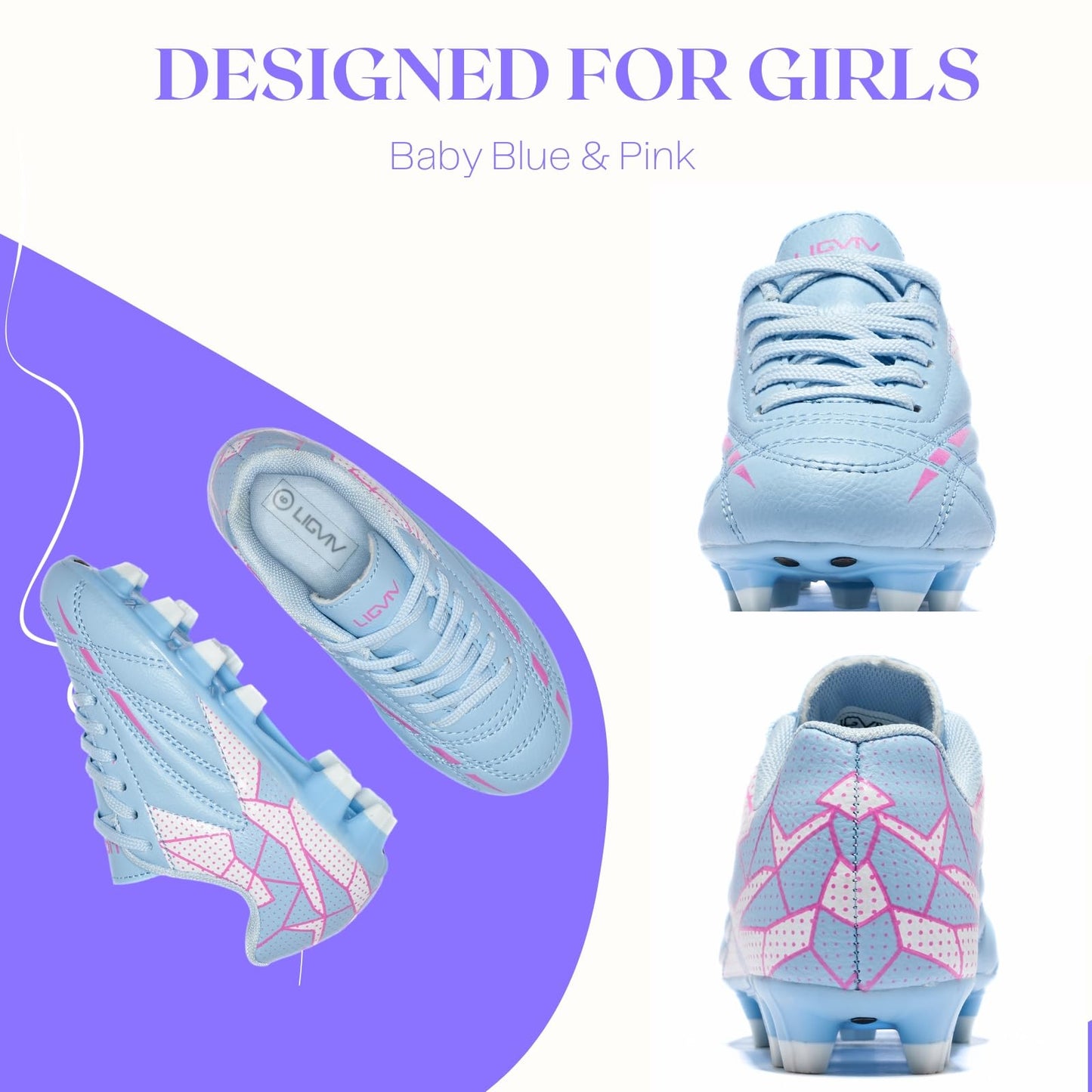 LIGVIV Girls Soccer Cleats for Toddler and Little Kids - FG Lace Up Soccer Shoes - Firm Ground Outsoles for Artificial Turf (Pink Blue, Little Kid, 11, Numeric, US Footwear Size System, Medium)