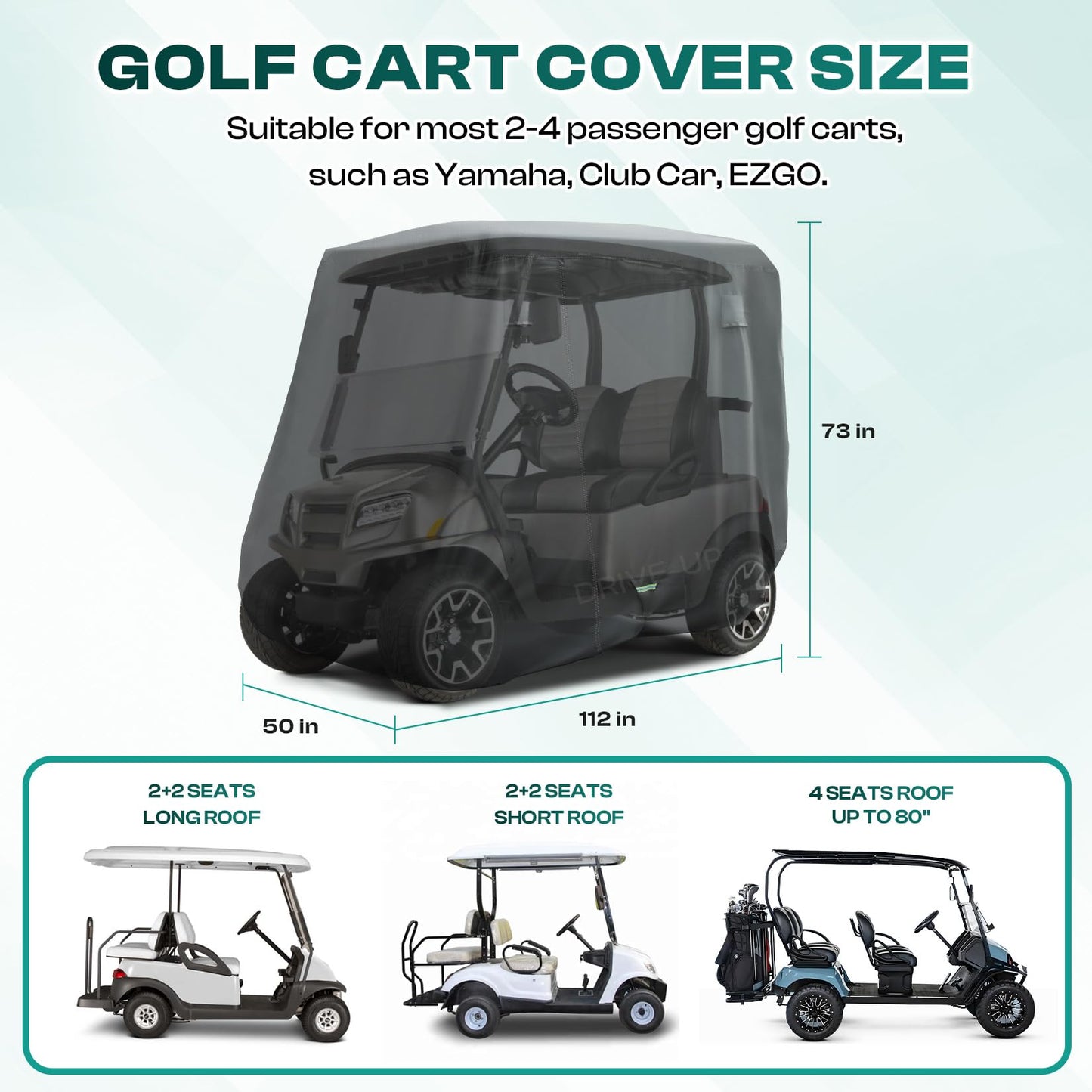 DRIVE UP Golf Cart Cover 2+2/4 Passenger, 420D Heavy Duty Oxford Golf Cart Cover with Three Zipper Doors and Windproof Adjustment Buckle, Waterproof Golf Cart Rain Cover for Most Yamaha EZGO Club Car